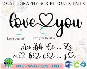 ハート付き Love you フォント | 筆記体フォント、バレンタインデーフォント、スクリプトフォント、バレンタインフォント、かわいいフォント Love フォント、ハートフォント、しっぽ付きフォント