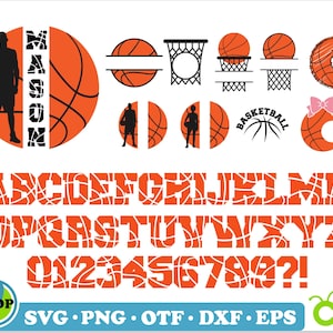 May include: Orange and black basketball themed alphabet and numbers with a basketball hoop, player, and the word "MASON".