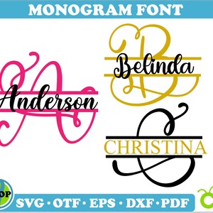 Op de afbeelding: Drie monogram-lettertypeontwerpen met de namen "Anderson", "Belinda" en "Christina", geschreven in een schrijflettertype met een dubbele lijn onder elke naam.