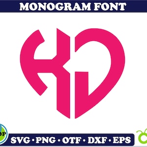 May include: A pink monogram font design in the shape of a heart. The letters "KD" are intertwined within the heart shape.