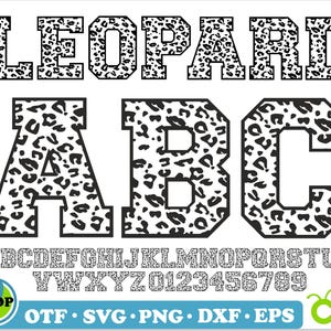 May include: A digital design featuring the word "LEOPARD" in a bold, black outline font with a leopard print fill. Below are the letters A, B, and C in the same style, followed by the full alphabet and numbers 0-9.