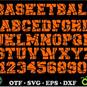 May include: Orange basketball-themed alphabet and numbers. The letters and numbers are outlined in black and have a basketball texture.