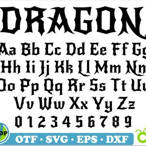 May include: Black and white font alphabet with the word "DRAGON" at the top. The font is a gothic style with sharp edges and points. The alphabet includes uppercase and lowercase letters, numbers, and punctuation marks.