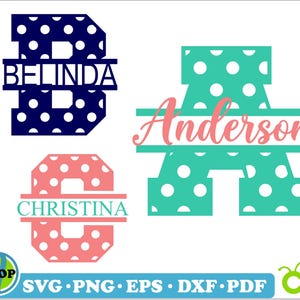 Puede incluir: Tres letras monogramadas con patrones de lunares. Las letras son B, A y C. Los nombres "Belinda", "Anderson" y "Christina" están escritos sobre cada letra.