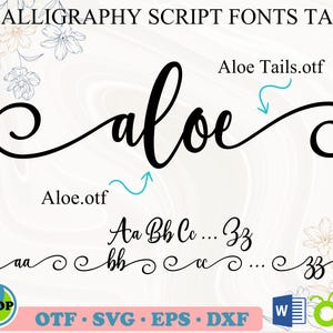 May include: A digital download of two calligraphy script fonts, "Aloe" and "Aloe Tails". The fonts are shown in black on a white background with floral accents. The fonts include lowercase letters, numbers, and punctuation marks.