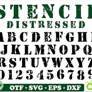 Op de afbeelding: Verouderd stencillettertype alfabet in zwart met het woord "STENCIL DISTRESSED" in groen boven de letters. Het alfabet omvat de hoofdletters A-Z en de cijfers 0-9.