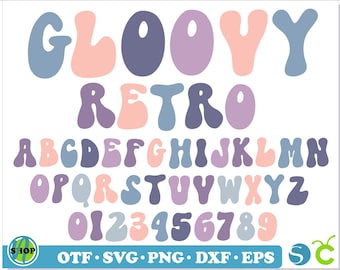Könnte beinhalten: Ein Retro-Schriftalphabet im Groovy-Stil mit Buchstaben und Zahlen in Rosa-, Lila- und Blautönen. Die Schriftart heißt "Gloovy Retro".