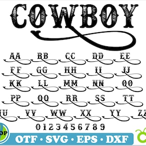 May include: A black and white font design with the word "COWBOY" in a large, bold font at the top. The font includes uppercase letters, lowercase letters, and numbers. The font is designed with a western theme.