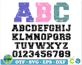 Fuente universitaria desgastada TTF, fuente deportiva SVG, fuente universitaria svg, fuente desgastada svg Cricut, letras y números universitarios desgastados svg