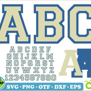 May include: A digital download of a varsity style alphabet font in cream and blue. The font includes uppercase letters, numbers, and a sample of the font in the letters ABC. The font is perfect for creating custom designs for t-shirts, mugs, and other crafts.