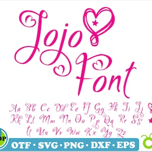 Può includere: Alfabeto rosa Jojo Font con un design a forma di cuore e stella. Il font è disponibile nei formati OTF, SVG, PNG, DXF ed EPS.