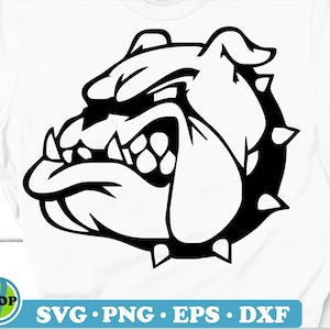 May include: Black and white vector illustration of a bulldog with a spiked collar. The bulldog has a fierce expression with bared teeth.