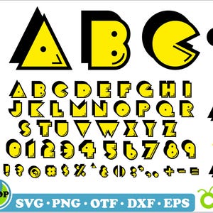 May include: A complete alphabet and number set in a retro, geometric style. The letters and numbers are yellow with black outlines and shadows, reminiscent of a classic arcade game. Includes symbols and the text "SVG PNG OTF DXF EPS".
