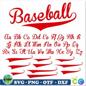 May include: Red "Baseball" script font with a decorative tail, accompanied by a full alphabet in a matching style. Includes various red swoosh designs and file type icons for SVG, PNG, OTF, and DXF.