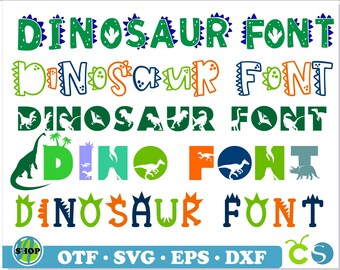 Può includere: Un design di font di dinosauro colorato con le parole "DINOSAUR FONT" ripetute cinque volte in diversi colori e stili. Il font è disponibile nei formati OTF, SVG, EPS e DXF.