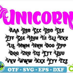 May include: A pink unicorn graphic with the word "UNICORN" in a bold, stylized font. Below the graphic is a black and white alphabet with each letter decorated with a small unicorn horn.