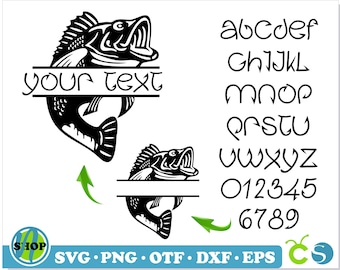 May include: Black and white silhouette of a bass fish with an open mouth. The fish is split in half with a banner that says "YOUR TEXT". The image includes a full alphabet and numbers in a stylized font.