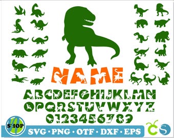 Può includere: Silhouette di dinosauro verde con la parola "NAME" in lettere arancioni. L'immagine include anche un alfabeto completo e numeri in un font di silhouette di dinosauro verde.