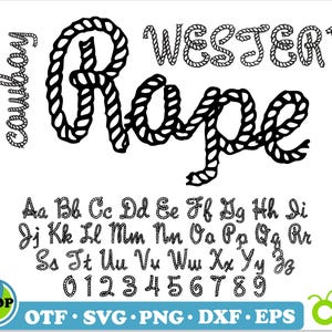 May include: Black and white rope font design with the word "Western" and the word "Rope" in a larger font size. The alphabet and numbers are also included in the rope font design.
