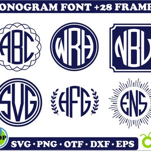 May include: A set of six monogram font designs with different frames. The letters are white and the frames are navy blue. The letters are in a circle and the frames are various shapes. The text below the designs reads "SVG - PNG - OTF - DXF - EPS".