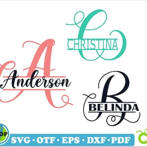 May include: Three monogram designs with names written in black text on a white background. The first design is a pink "A" with the name "Anderson" written on a black line above the letter. The second design is a teal "C" with the name "Christina" written on a black line above the letter. The third design is a black "B" with the name "Belinda" written on a black line above the letter.