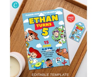 Editable Toy Story Birthday Invitation Canva Template, Toy Story Digital Invitation Thank You Tag, Toy Story Birthday Party, Toy Story 4