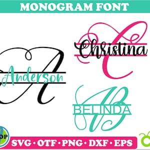 Op de afbeelding: Een digitale download van een monogram-lettertype met drie voorbeelden van het gebruik van het lettertype. De voorbeelden zijn de namen "Anderson", "Christina" en "Belinda", waarbij de eerste letter van elke naam in een groot, gestileerd lettertype is weergegeven.