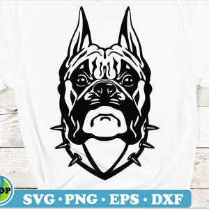 Puede incluir: Ilustración en blanco y negro de la cabeza de un perro boxer con un collar de pinchos. El perro mira hacia adelante con una expresión seria.