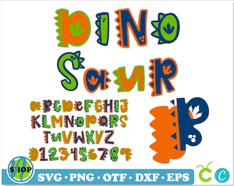 Può includere: Un design grafico colorato con la parola "Dino-saur" in un font giocoso con impronte di dinosauro. Il design include anche un alfabeto completo e numeri nello stesso stile. I colori sono arancione, verde, blu e bianco.