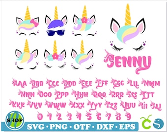 Puede incluir: Un conjunto de letras y números del alfabeto con temática de unicornio en rosa, con un diseño de cabeza de unicornio en el centro de cada letra. Las letras están en mayúsculas y los números están en una fuente estándar. También hay varios diseños de cabeza de unicornio en diferentes colores y estilos.