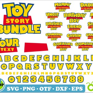 May include: A digital download of a Toy Story themed birthday party bundle. The bundle includes a variety of graphics, including the words "Toy Story Bundle", "Your Text", and the letters of the alphabet in a yellow and blue font. The bundle also includes a variety of titles for family members, such as "Mommy of the Birthday Boy", "Daddy of the Birthday Boy", "Uncle of the Birthday Boy", and "Birthday Boy".