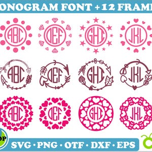 May include: A set of 12 monogram frames in SVG, PNG, OTF, DXF, and EPS formats. The frames feature different designs, including circles of hearts, stars, and diamonds, as well as wreaths with arrows and hearts. The frames are perfect for creating personalized monograms for gifts, home decor, and more.