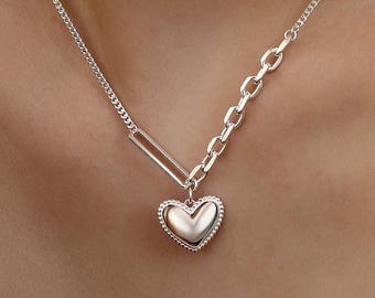 Asymmetrical Heart Pendant Necklace, 925 Sterling Silver Mixed Chain, Modern Layering Jewelry, Layering Bold Link, Valentine's Day Gift
