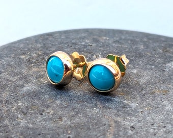 Turquoise Cabochons Studs in 14K Yellow Gold. American gemstone earrings, Minimalist gold Studs, 6mm Earrings, December Birth Stone.