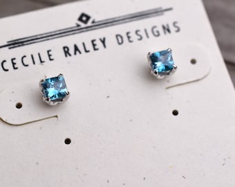 Blue Zircon Studs in 14K White Gold, Radiant Cut zircon stud earrings, blue gemstone earrings, unique zircon studs, December Birthstone