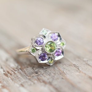 White Gold Lily Ring, Demantoid Garnet and Sapphire Flower Ring, 14Kt, January and September Birthstones, Hand Engraved Ring, Pave Set Ring