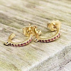 14K yellow gold hoops with ruby, ruby huggie hoop earrings, prong set ruby hoops, hoop earrings with ruby