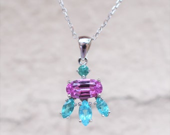 Madagascar sapphire and genuine paraiba tourmaline Pendant in 14 kt white Gold, Birthstone Neon Blue and Purple Pendant, gift for her