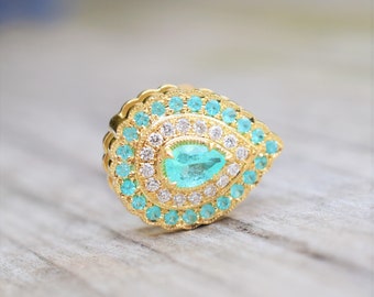 Brazilian Paraiba and Diamond Pear Pendant, Rare Paraiba Tourmaline Pendant in 18k Yellow Gold, Statement Pendant