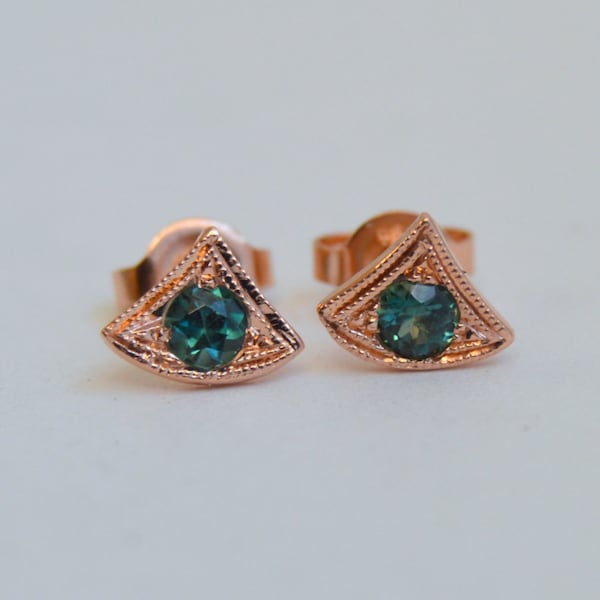 Rose Gold Triangle Earrings, triangle studs, tourmaline earrings, tourmaline studs, art deco earrings, triangle earrings, rose gold studs