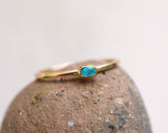 Paraiba Stacking Ring, Bezel Set Stackable band, Stackable Ring with Genuine Brazilian Paraiba, Yellow Gold Oval Paraiba Stacking Ring