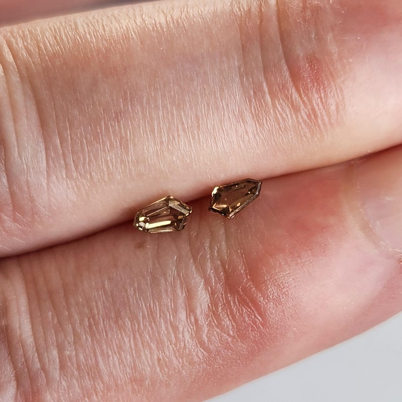 May include: Two small, loose, brown-toned gemstones with a faceted, shield-like geometric cut. The stones exhibit a translucent, warm amber hue with sharp, angular edges and a polished surface, reflecting light across their multiple flat facets.