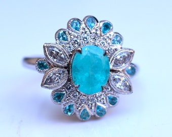 Brazilian Paraiba and Diamond Ring in 14Kt White Gold, Certified Natural Brazilian Paraiba Statement Ring, Hand Set Pave Style cluster ring