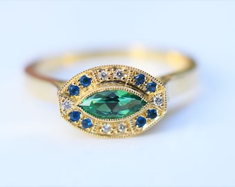 Yellow Gold Emerald Ring with Diamond and Hauyne, Marquis Emerald Ring, Russian Emerald no oil, Evil Eye Ring, rare gemstone ring, Eye Ring