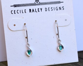 Emerald Dangly Earrings set into 14 kt Gold Elizabeth Settings, Green Dangly Earrings, white gold earrings, Zambian Emerald May Gift