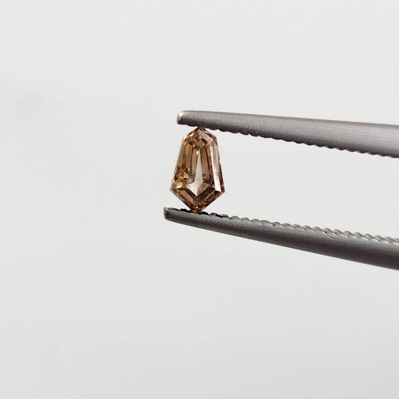 May include: A shield-cut brown gemstone held by a pair of serrated metal tweezers. The stone features a faceted surface with a warm, translucent amber hue and a pointed bottom, showcasing a geometric shape with multiple sharp, angular edges.