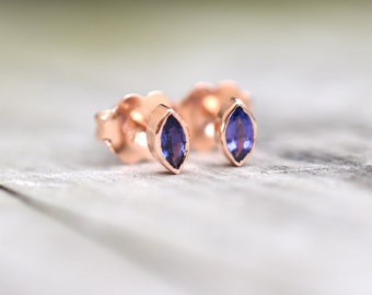 Purple Sapphire Marquis Shape Stud Earrings, 4x2mm Rose Gold Ceylon Sapphire Studs, Antique Style, Purple Earrings, September Gift