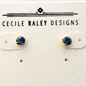 Teal Blue Sapphire Studs, 4mm teal blue sapphire earrings in 14 kt gold, antique style low profile studs, September birthstone gift for moms