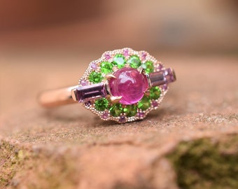 Grace Ring with Greenland Ruby, Sapphire, Demantoid Garnet, Pink Gem Cabochon Ring, Conflict Free Ruby Ring set in Rose Gold Pave Ring