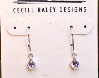 Sapphire Dangly Earrings set into 14 kt Gold Elizabeth Settings, Purple Dangly Earrings, white gold earrings, Purple Gem September Gift